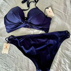 Unworn navy/shiny bikini with original tags.